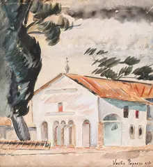 Vasile Popescu, Bucureștii de altă dată (Biserica Sf. Spiridon vechi), 1937, acuarelă pe hârtie lipită pe carton