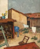 Nicolae Tonitza, Curte la Mangalia (cofetăria lui Delureanu), 1927-1930, ulei pe carton