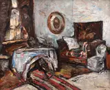 Interior la Viforâta by Gheorghe Petrașcu, 1925, ulei pe carton, sold Oct 2020