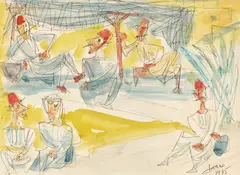 Café arabe by Marcel Janco, 1945, acuarelă, creion și cariocă pe hârtie, sold Oct 2020