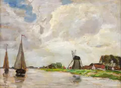 Canal în Normandia by Richard Falkenberg, ulei pe lemn, sold Oct 2020