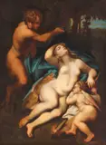 Venus și Cupidon alături de Satyr (după o lucrare de Correggio) by sec. Xix Școală Italiană, ulei pe pânză, sold Oct 2020