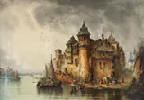 sec. Xix Școală Germană, Pe malul râului Rhine (după o lucrare de Ludwig Hermann), ulei pe pânză