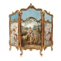 Christian Lindner, Panou tip paravan Rococo, ilustrat cu scenă campestră și amorași, sfârșitul sec. XVIII, lemn sculptat, aurit; ulei pe pânză; catifea