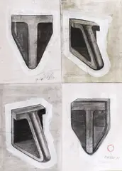Paul Neagu, Hyphen Skull, 1988, cărbune, acuarelă, tempera pe hârtie lipită pe placaj