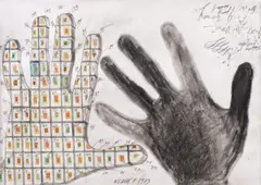 Paul Neagu, Human Hand, 1973, acuarelă, cărbune și creion pe hârtie