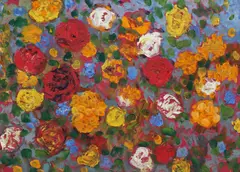 Grădină cu flori by Silvia Radu, 2016, ulei pe carton, sold Sep 2020
