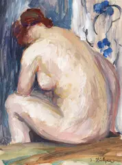 După baie by Samuel Mützner, ulei și creion pe hârtie lipită pe carton, sold Sep 2020