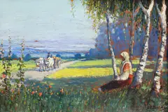 Întoarcerea de la câmp by Ion Doboşariu, ulei pe carton, sold Sep 2020