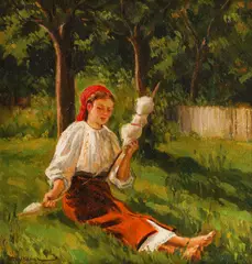 Țărăncuță din Lerești by Ary Murnu, ulei pe carton, sold Sep 2020