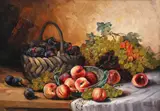 Petre Bărcănescu, Natură statică cu coș cu prune, struguri și vas cu piersici, ulei pe carton