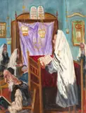 Slujbă în sinagogă by Aramov Lazare Finklestein, ulei pe carton, sold Sep 2020