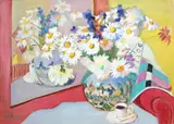 Elena Moisescu, Natură statică cu flori și ceașcă de cafea, 1961, ulei pe carton