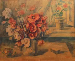 Natură statică cu maci și ceșcuță de cafea by Helene (Elena) Bednarik, acuarelă pe hârtie, sold Sep 2020