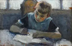 Teme pentru școală by Costin Petrescu, ulei pe carton, sold Sep 2020
