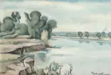Tache Papatriandafil, Pe malul râului, 1942, ulei pe carton