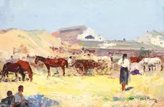 Paul Molda, Târg la Curtea de Argeș, ulei pe placaj