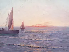 Apus pe mare by Ion Doboşariu, ulei pe carton, sold Sep 2020