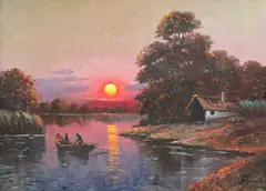 Apus peste lac by Dimitrie Florian, 1964, ulei pe carton, sold Sep 2020