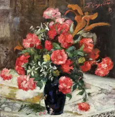 Vas cu garoafe by Pericle Capidan, 1948, ulei pe carton, sold Sep 2020