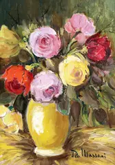 Trandafiri by Pia Căpşuneanu Massaci, ulei pe carton, sold Sep 2020