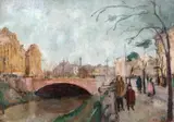 Maria Bănică, Plimbare pe cheiul Dâmboviței, 1958, ulei pe pânză lipită pe carton