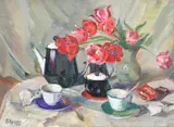 Elena Moisescu, Natură statică cu ceainic și lalele, 1958, ulei pe carton