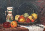 Alexandru Poitevin Scheletti, Natură statică cu mere și ulcior, 1922, ulei pe carton