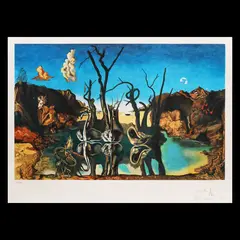 Lebede care reflectă elefanții by Salvador Dalí, cromolitografie pe hârtie japoneză, sold Jul 2020