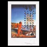 Dali, nud, încurcat în contemplarea a cinci corpuri metamorfozate în corpusculi, în care apare brusc „Leda” lui Leonardo, cromozomatizată de fața Galei by Salvador Dalí, cromolitografie, sold Jul 2020