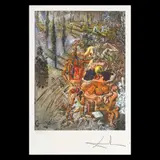 Dionysus aruncând imaginea completă a lui Cadaqués pe vârful limbii unei femei gaudiniene cu trei niveluri by Salvador Dalí, cromolitografie, sold Jul 2020