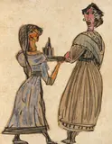 Marcel Janco, Costume, 1945-1946, tuș, ceracolor și creioane colorate pe hârtie lipită pe carton