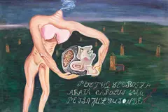 Victor Brauner, Poetul Geo Bogza arată capului său peisajul cu sonde, 1929, ulei pe pânză