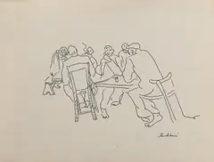 Idel Ianchelevici, Discuții, tuș pe hârtie, neînrămată