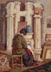 Cusătoreasă by Adam Bălţatu, ulei pe carton, sold Jun 2020