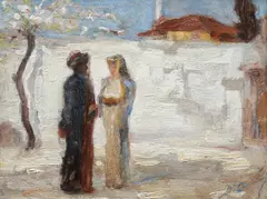 Întâlnire by Pericle Capidan, ulei pe carton, sold Jun 2020