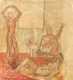 Odalisce în interior oriental by Theodor Pallady, laviu de ulei şi cărbune pe hârtie, offered Jun 2020