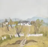 Satul copilăriei by Constantin Piliuță, 1994, ulei pe placaj, sold Jun 2020
