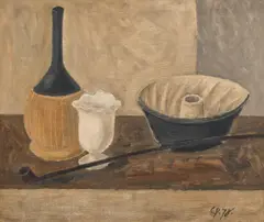Constantin Pacea, Natură statică cu vase și sticlă de vin, 1978, ulei pe pânză