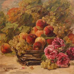 Georges Jeannin, Natură statică cu caise și trandafiri, 1910, ulei pe pânză