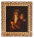 În taină (după o pictură de Godfried Schalcken) by sec. Xix Școală Olandeză, ulei pe pânză lipită pe carton, offered May 2020