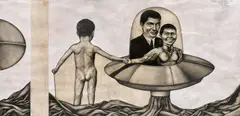Dan Beudean, Supereroi în vacanță (part 1), 2006, tempera, guașă, creion și cărbune pe hârtie