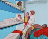 Chéri Samba, Questions sans réponse (Who didn't take you on another path? If you try, it is your religion that drives you. What do you want to do with the homo?), 2005, ulei și glitter pe pânză