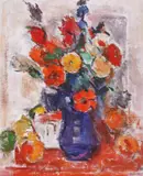 Vas cu flori by Ion Musceleanu, 1988, ulei pe pânză lipită pe carton, sold May 2020