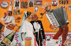 Nuntă by Ion Bîrlădeanu, 1982, colaj pe carton, sold May 2020