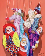 Arlechini by Dorel Topan, 2015, ulei pe pânză, offered May 2020