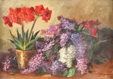 Petre Bărcănescu, Natură statică cu crini si flori de liliac, ulei pe carton