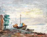 Sorin Ionescu, Bărci în portul Mangalia, 1957, ulei pe pânză lipită pe carton