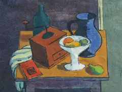 Vasile Dobrian, Natură statică cu fructe și râșniță, 1943, linogravură