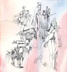 Harry Guttman, Siluete, 1977, tuș și acuarelă pe hârtie